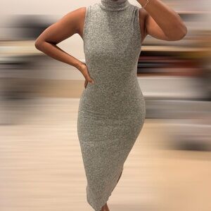 Sleeveless High-Neck Bodycon Midi Dress in Heather Gray